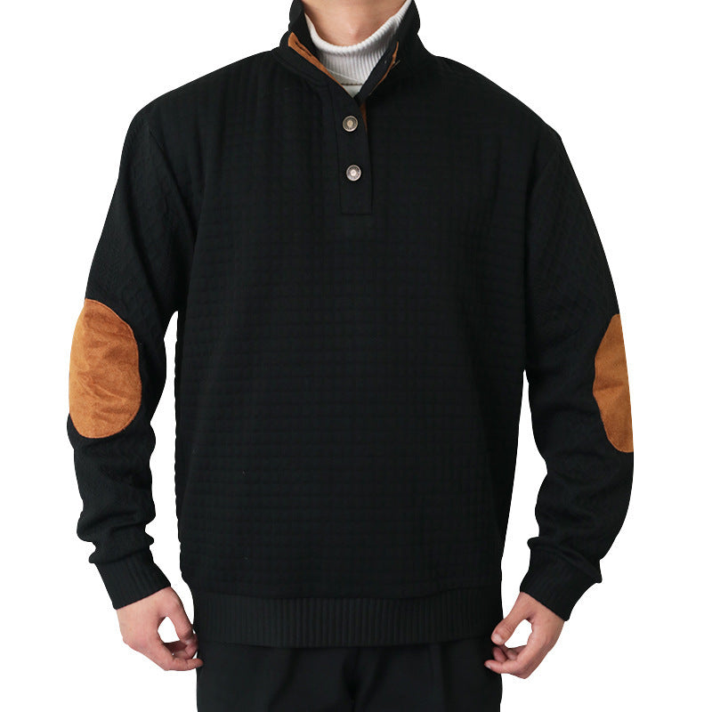 Herren Waffelstrick-Halbzip-Pullover mit Stehkragen Lederbesatz und Ellbogenpatches Shop Nory