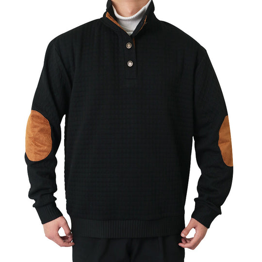 Herren Waffelstrick-Halbzip-Pullover mit Stehkragen Lederbesatz und Ellbogenpatches Shop Nory