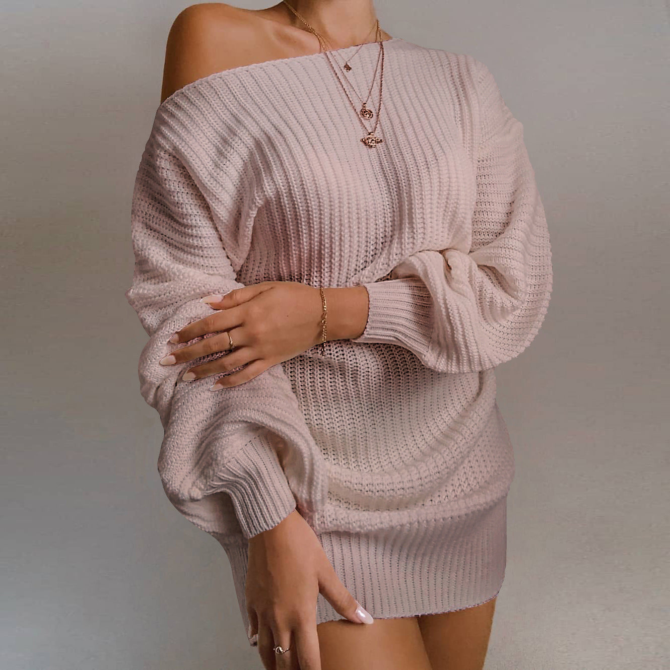 Damen Oversized Strickkleid mit offener Schulter und lässigem Schnitt