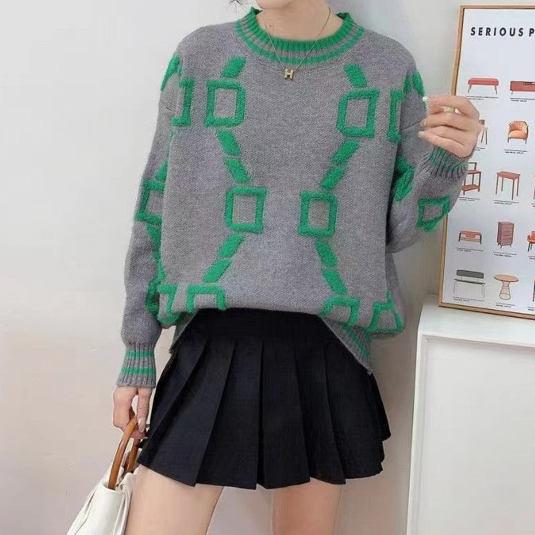 Damen Oversize Strickpullover mit geometrischem Jacquardmuster und gerippten Bündchen Shop Nory