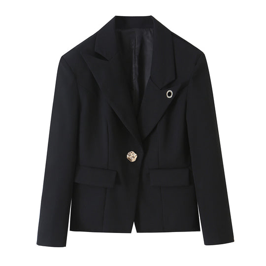 Damen Taillierter Kurzblazer mit dekorativem Metallknopf und Pattentaschen Shop Nory