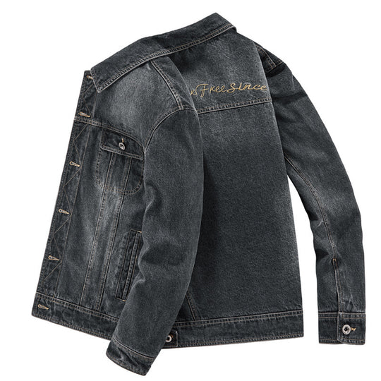 Herren gewaschene Denim-Workerjacke mit bedrucktem Innenfutter und Brustpattentaschen Shop Nory