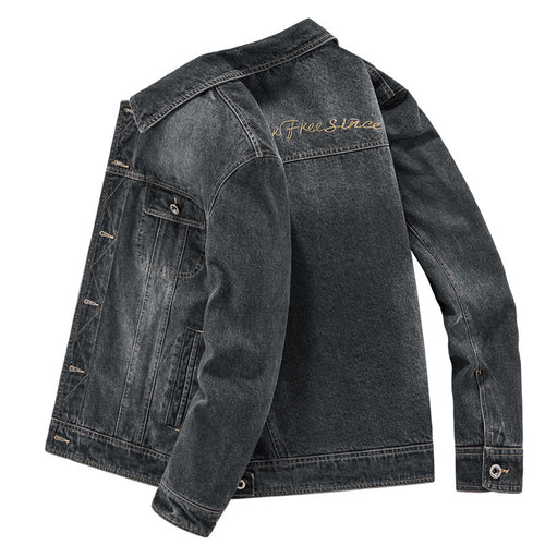 Herren gewaschene Denim-Workerjacke mit bedrucktem Innenfutter und Brustpattentaschen Shop Nory