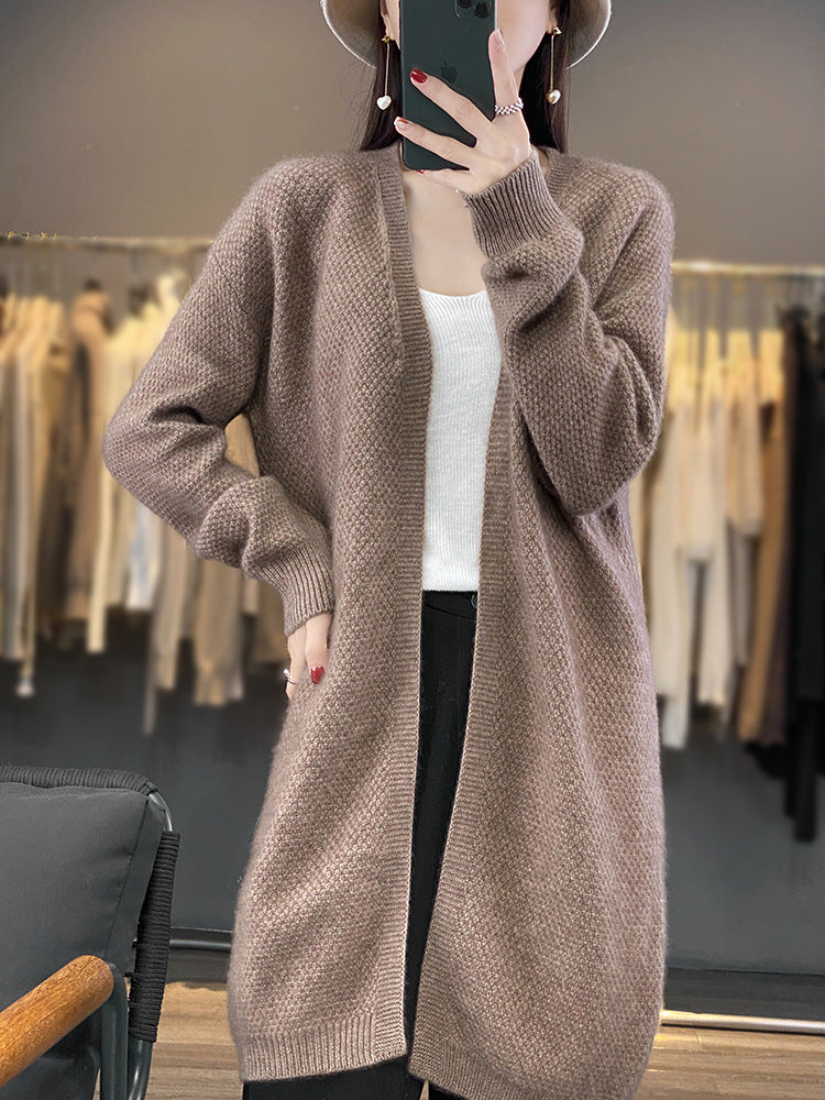 Damen Langer Offener Strickcardigan mit Samenmuster und gerippten Abschlüssen Shop Nory