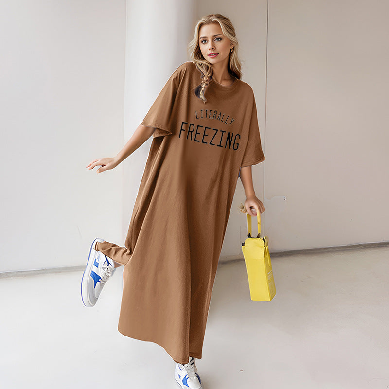 Damen nan lässiges Oversize Maxi-T-Shirt-Kleid mit Rundhals und Statement-Print Shop Nory