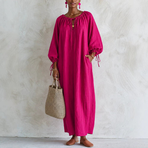 Damen Maxikleid im Kaftan-Stil mit gerafftem Rundhalsausschnitt, Ballonärmeln und Eingrifftaschen Shop Nory
