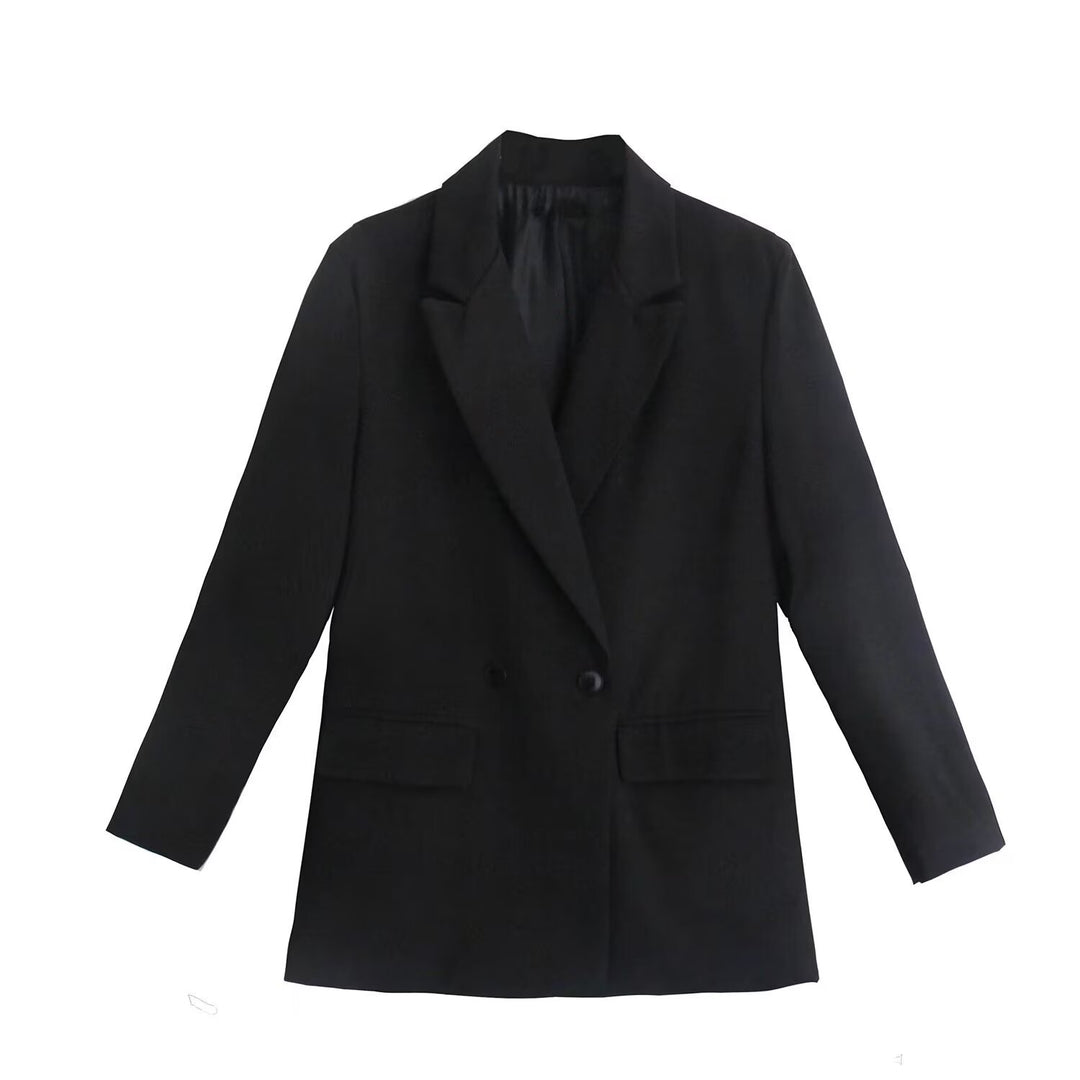 Damen Doppelreihiger Longblazer mit weitem Schalkragen und Pattentaschen Shop Nory