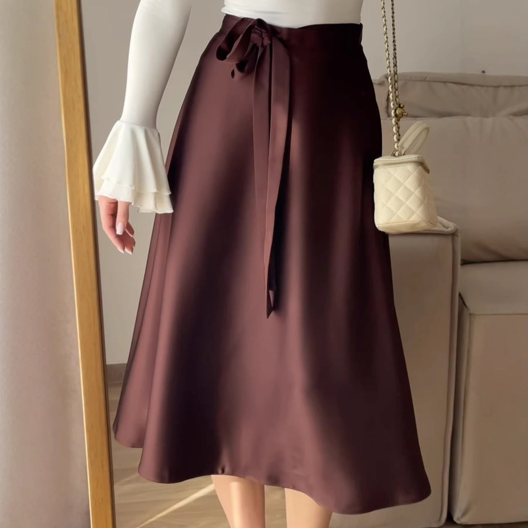 Damen Hochtaillierter A-Linien Midirock mit Bindegürtel und Satin-Finish Shop Nory