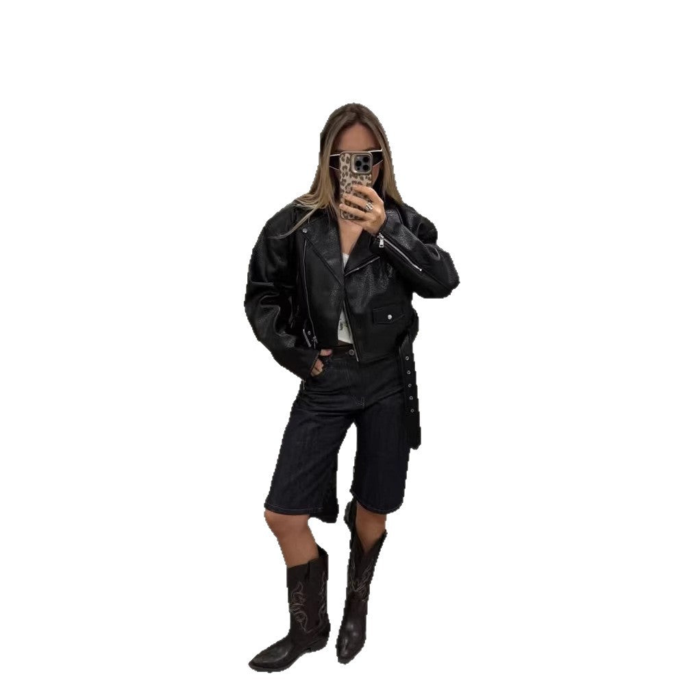 Damen Kurze strukturierte Bikerjacke aus Lederimitat Shop Nory