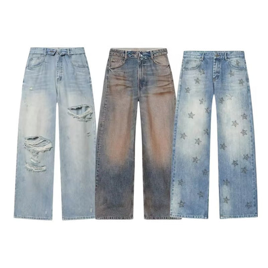 Damen Taillenhohe Jeans mit weitem Bein und Used-Waschung Shop Nory
