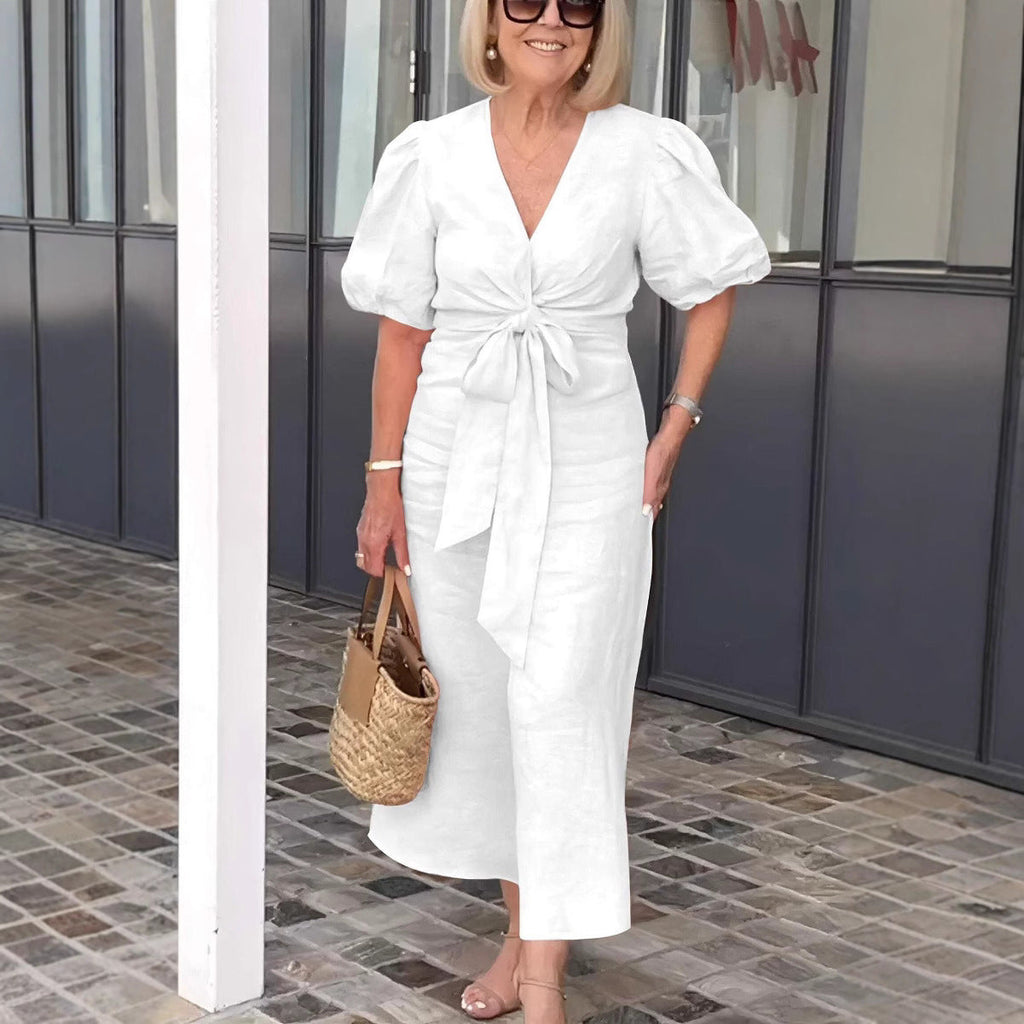 Damen Maxikleid mit eleganten Puffärmeln und Taillenknoten