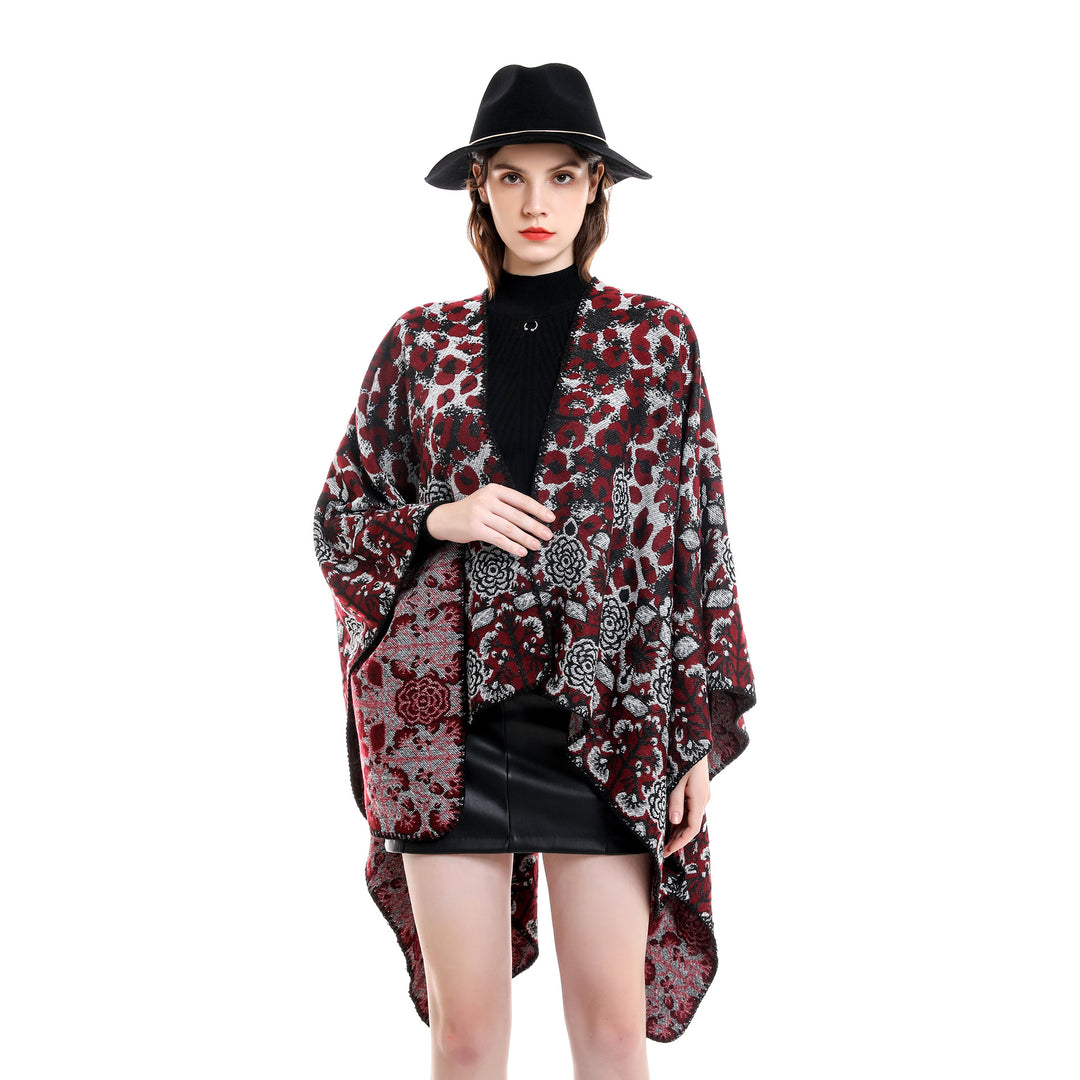 Damen Jacquard-Überwurfponcho im kastigen Kimono-Fall mit floral-animalischem Muster Shop Nory