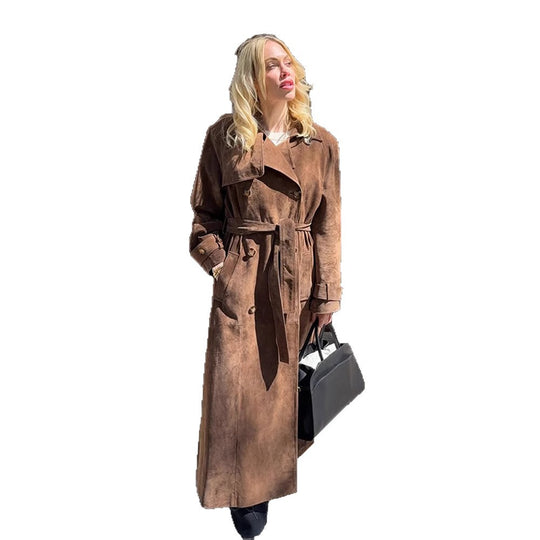 Damen Maxilanger Veloursleder‑Trenchcoat mit Bindegürtel Shop Nory