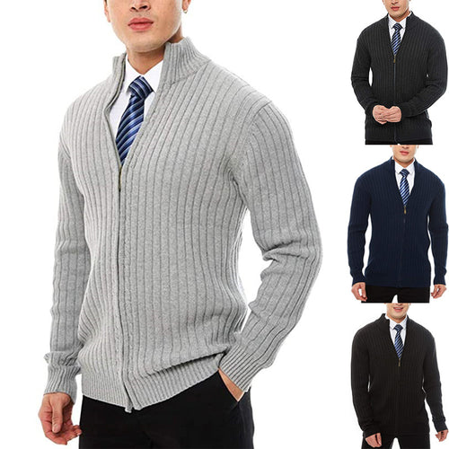 Herren Feinstrick-Cardigan mit durchgehendem Reißverschluss, Stehkragen und markanter Rippenstruktur Shop Nory