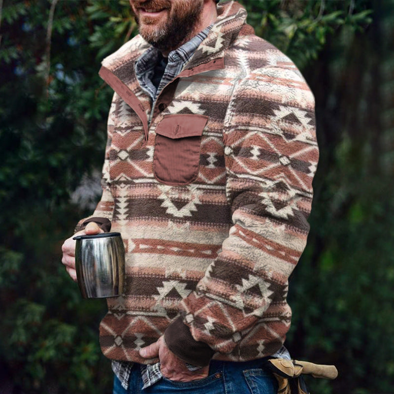 Herren Fleece-Pullover mit Karomuster und Hohem Kragen