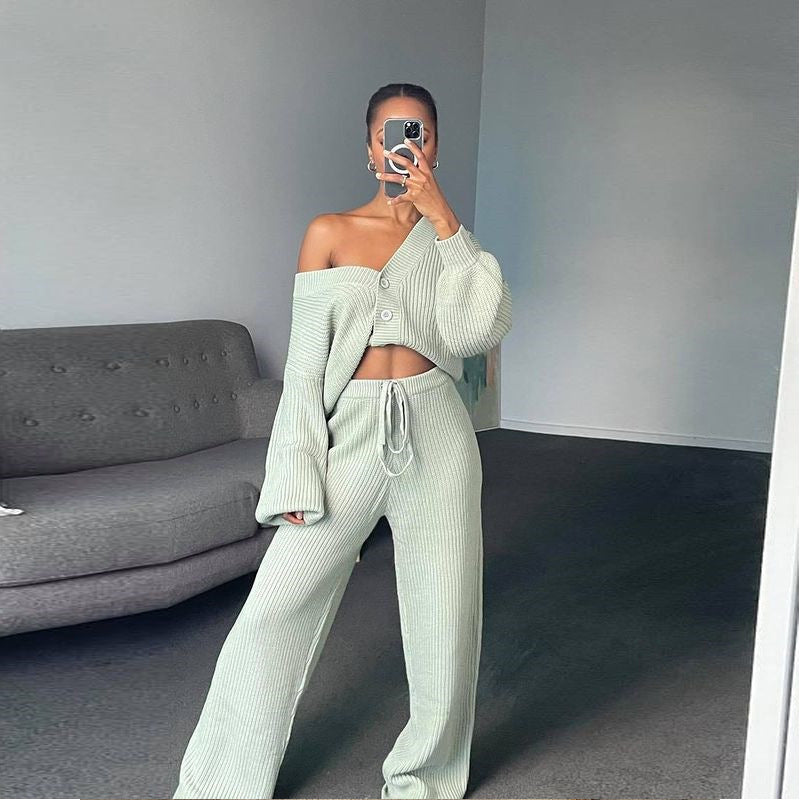 Damen geripptes Strick-Zweiteiler Set mit Cropped-Cardigan, Kordelzug-Hochbundhose und Komfortpassform Shop Nory