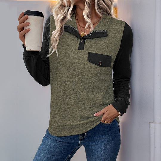 Damen Two‑Tone Langarmshirt mit Kontrastärmeln, Henley‑Knopfleiste und Brusttasche Shop Nory