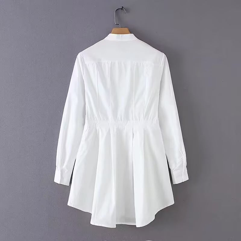 Damen Langärmlige Hemdbluse mit Stehkragen, Taillennaht und ausgestelltem Peplum Shop Nory