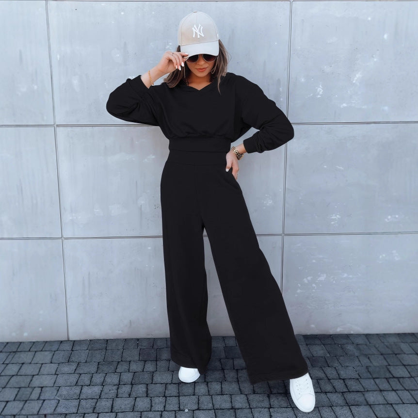 Damen Loungewear-Set mit Cropped V‑Ausschnitt-Pullover und hochtaillierter Palazzohose Shop Nory