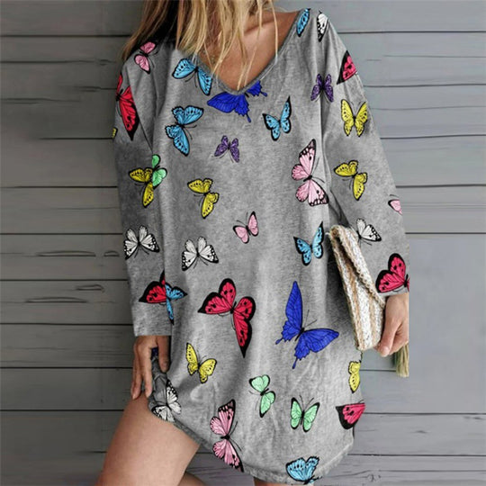 Damen Oversize Tunika-Kleid mit V-Ausschnitt und Schmetterlingsprint Shop Nory