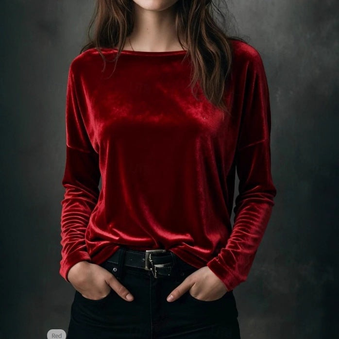 Damen Feines Velours-Langarmshirt mit U-Boot-Ausschnitt und kastiger Silhouette Shop Nory