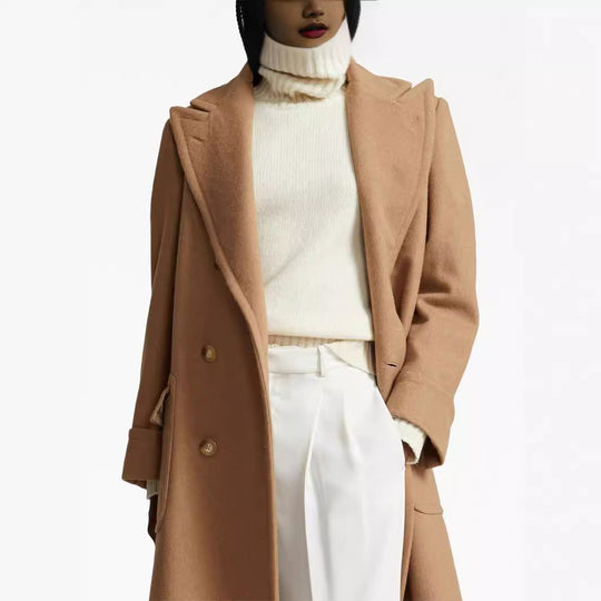 Damen langer doppeltreihiger Wollmantel mit weitem Schnitt und Reverskragen Shop Nory