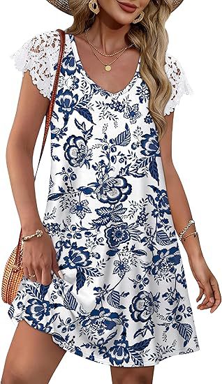 Damen Sommerkleid mit eleganten Spitzenärmeln und floralem Muster