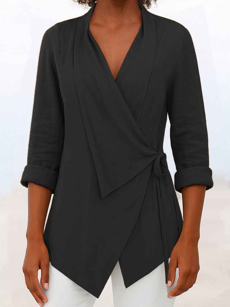 Damen Asymmetrische Wickelbluse mit Schalkragen und 3/4-Ärmeln Shop Nory