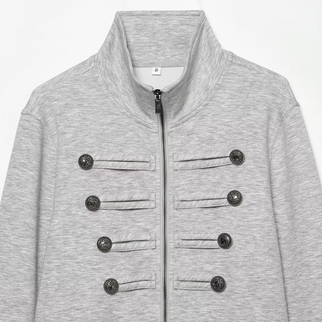Damen Cropped Sweatjacke mit Stehkragen und militärischen Zierknopfreihen Shop Nory