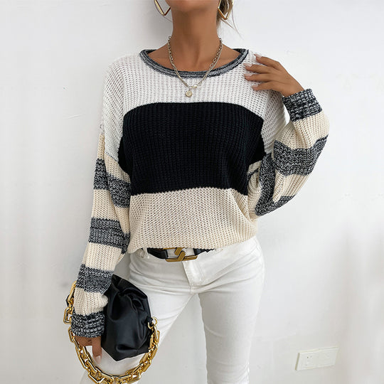 Damen Oversize Strickpullover mit grobem Rippstrick, Blockstreifen und weitem Rundhalsausschnitt Shop Nory