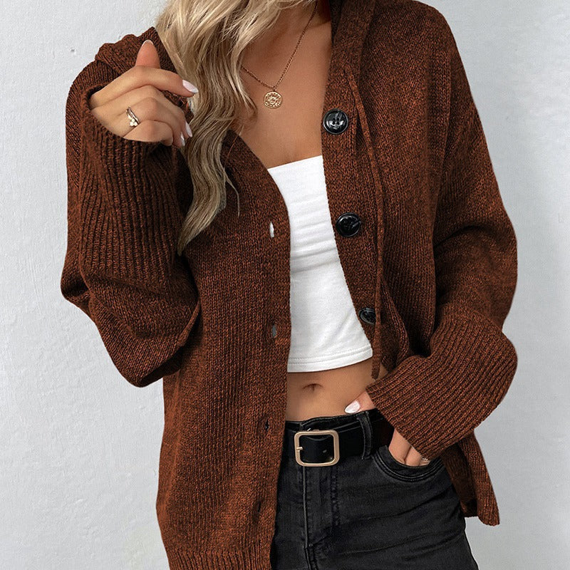 Damen lässige Strickjacke mit Kapuze und Knopfverschluss