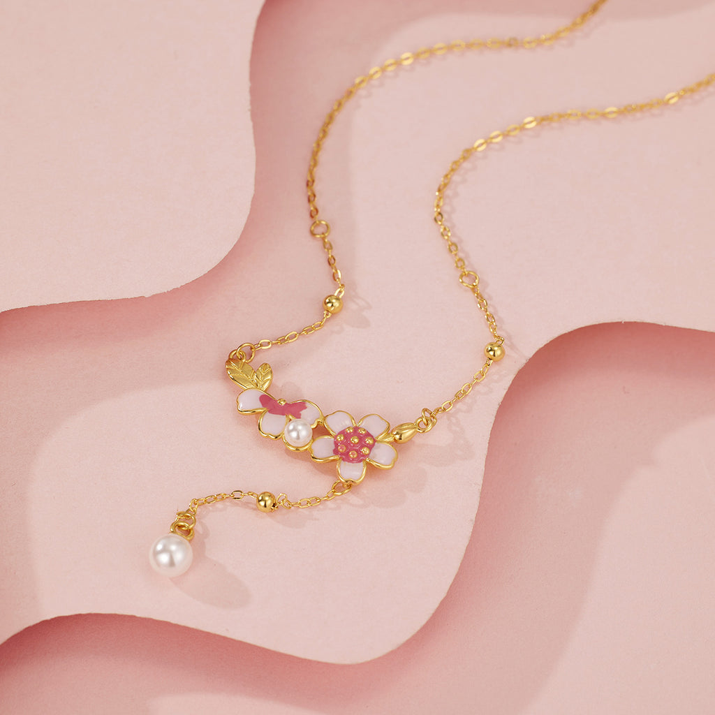 Damen filigrane Halskette mit floralen Anhängern und eleganter Perlenverzierung Shop Nory
