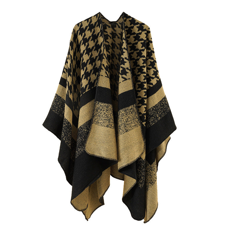 Damen Oversize‑Ruana‑Poncho aus Wollmix mit Hahnentritt- und Blockjacquard Shop Nory