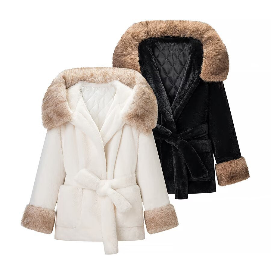 Damen Kurzmantel mit Kapuze und Taillengürtel aus Kunstpelz Shop Nory