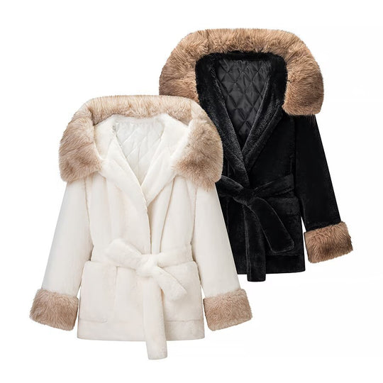 Damen Kurzmantel mit Kapuze und Taillengürtel aus Kunstpelz Shop Nory