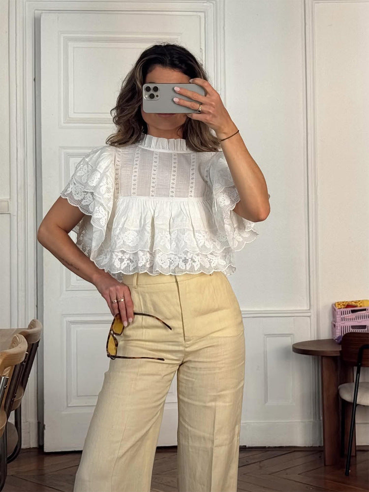 Damen Spitzenbluse im Cropped-Volantstil mit Stehkragen und Lagenrüschen Shop Nory