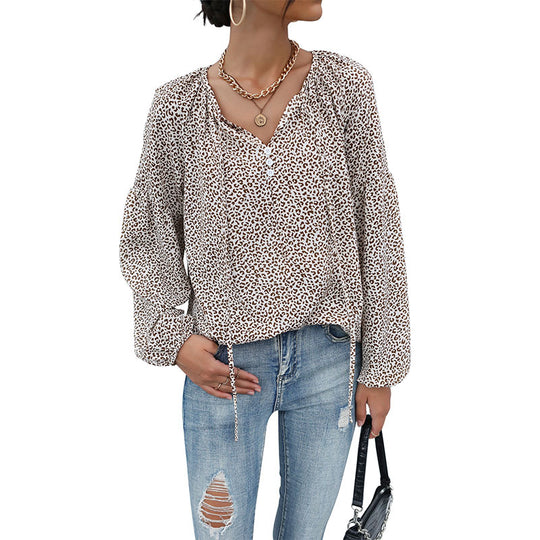 Damen Leopardenprint-Bluse mit V‑Ausschnitt, leichter Viskoseoptik und Ballonärmeln Shop Nory
