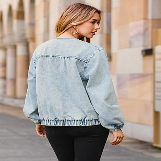 Damen Jeansblouson im Bomberstil mit Rundhals, Galonnähten und elastischem Saum Shop Nory