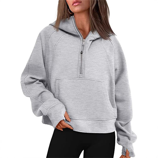 Damen Kurz geschnittener Kapuzenpullover mit halbem Reißverschluss und Kängurutasche Shop Nory