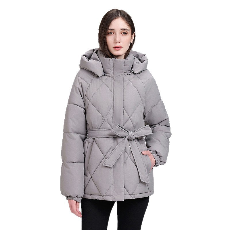 Damen nan luxuriöse kurze Pufferjacke mit integriertem Windschutzkragen und Taillengürtel Shop Nory