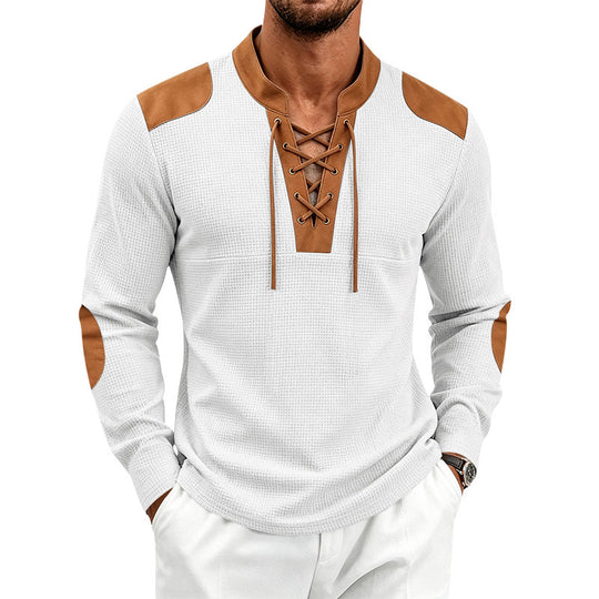 Herren Waffelstruktur-Henley mit Schnürkragen und Kunstleder-Patches Shop Nory