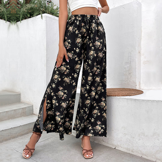 Damen Leichte Palazzo-Hose aus Viskosemix mit Gummibund, Tunnelzug und seitlichen Beinschlitzen Shop Nory
