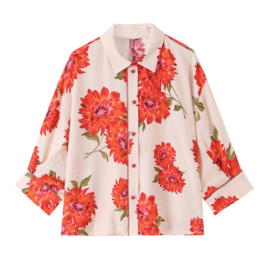 Damen Oversize-Bluse mit Blumenprint, durchgehender Knopfleiste und Dreiviertelärmeln Shop Nory