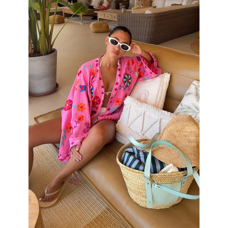 Damen Bestickter Kurzkimono mit überweiten Ärmeln und farbenfroher Boho-Stickerei Shop Nory