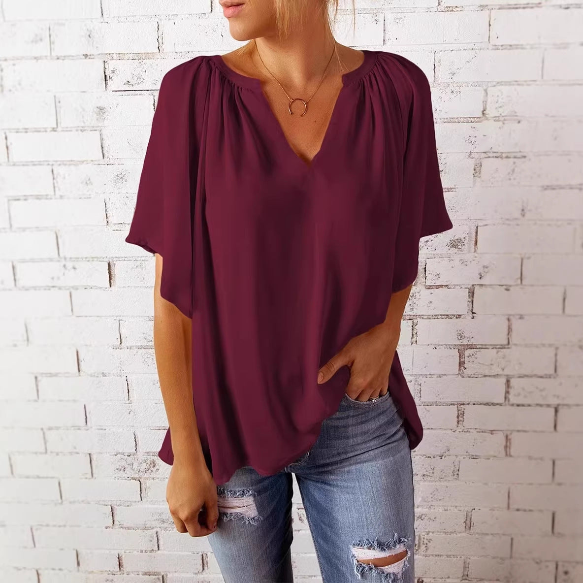 Damen lockeres Blusenshirt mit V-Ausschnitt und luftigen Ärmeln