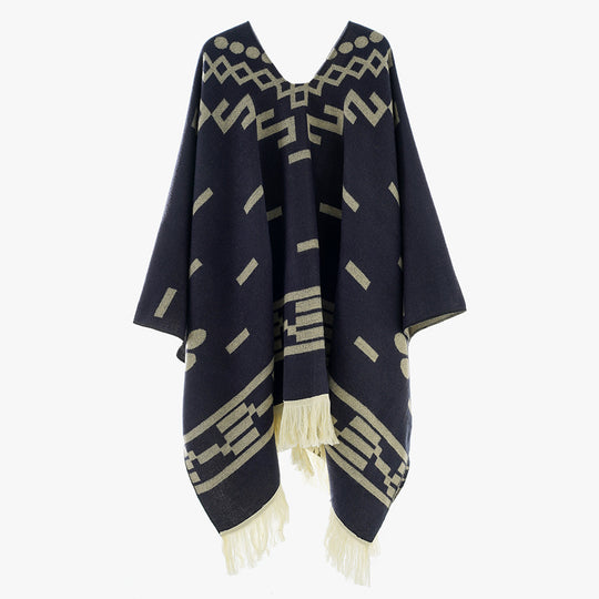 Damen Oversize Poncho im Boho‑Stil mit V‑Ausschnitt, Jacquard‑Muster und langen Fransen Shop Nory