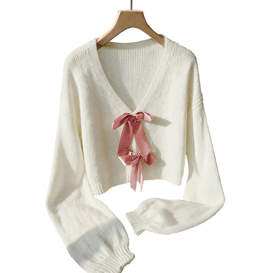 Damen Kurzgeschnittener V-Ausschnitt Mohair-Mix Pullover mit Satinschleifen Shop Nory