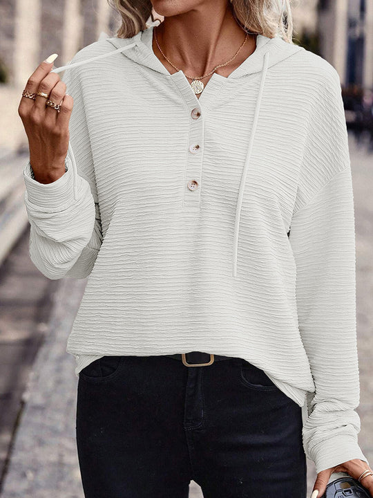 Damen Lässiges strukturiertes Kapuzen-Henley-Shirt mit Knopfleiste und Oversize-Schnitt Shop Nory