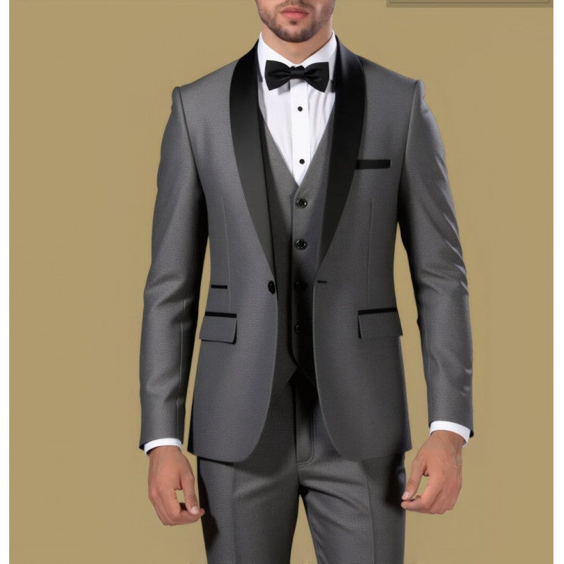 Herren Taillierter Dreiteiliger Smokinganzug mit Schalkragen und Satinrevers Shop Nory