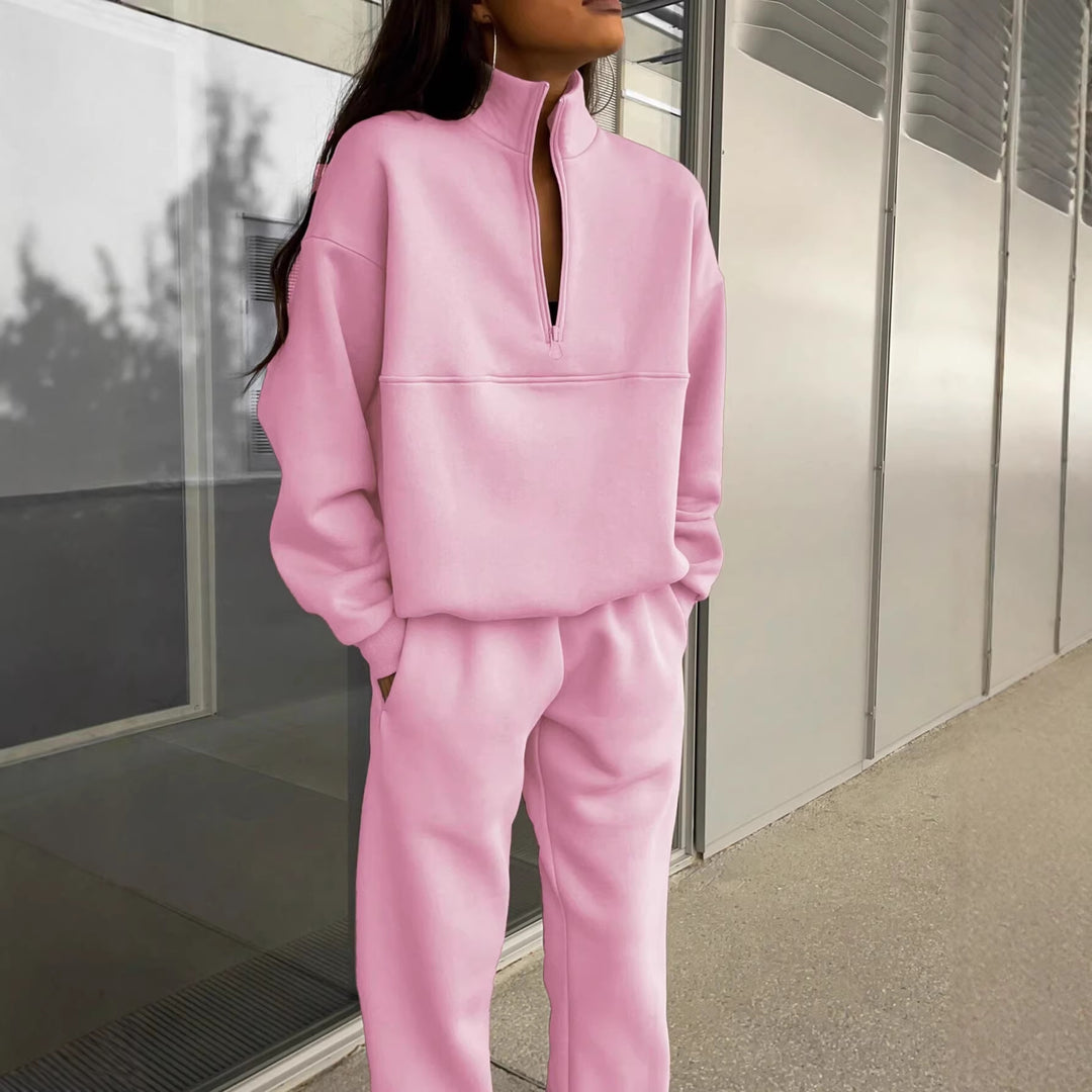 Damen Oversize Sweat-Set mit halbem Reißverschluss, Stehkragen und lässiger Jogginghose Shop Nory